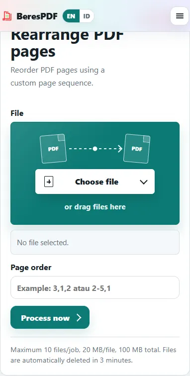Rearrange PDF pages tool on BeresPDF for reordering PDF pages
