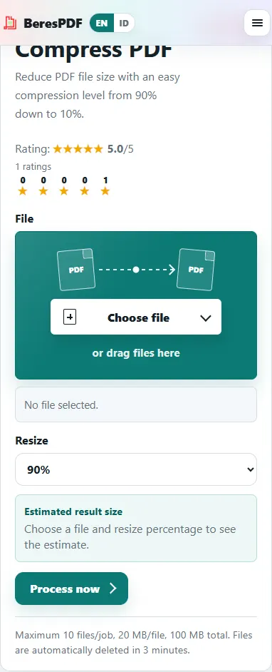 Compress PDF tool on BeresPDF for optimizing PDF file size