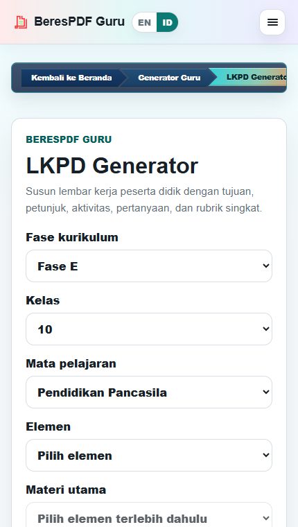 Memilih fase kelas dan mata pelajaran di LKPD Generator
