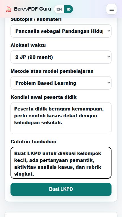 Mengisi durasi metode profil peserta didik dan catatan LKPD