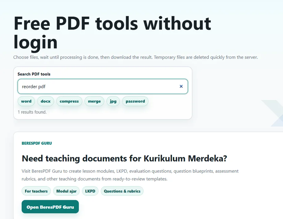 Search for reorder PDF pages on BeresPDF