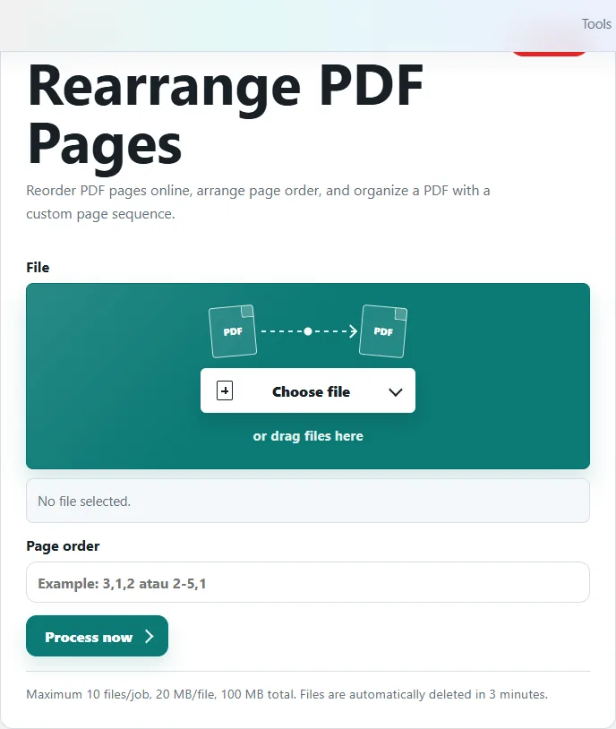 Open the Rearrange PDF Pages tool before choosing a file