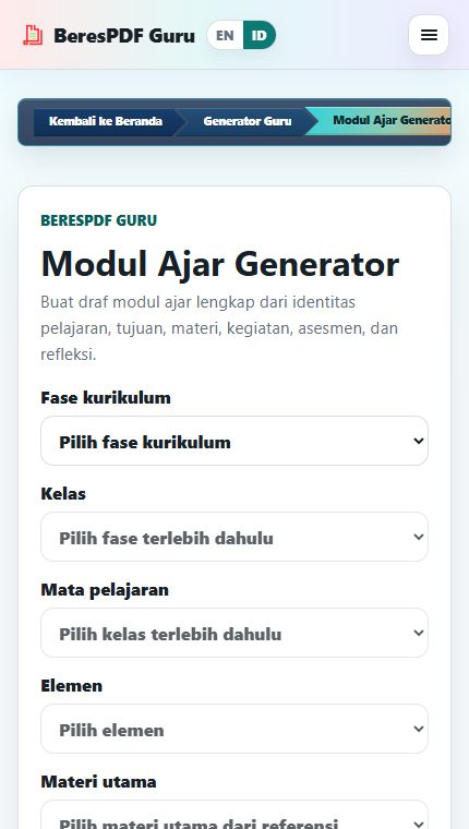 Tampilan awal halaman Modul Ajar Generator BeresPDF Guru