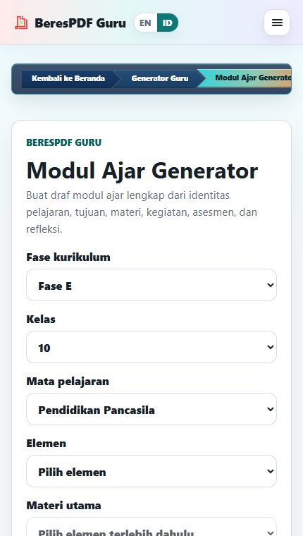 Memilih fase kurikulum kelas dan mata pelajaran