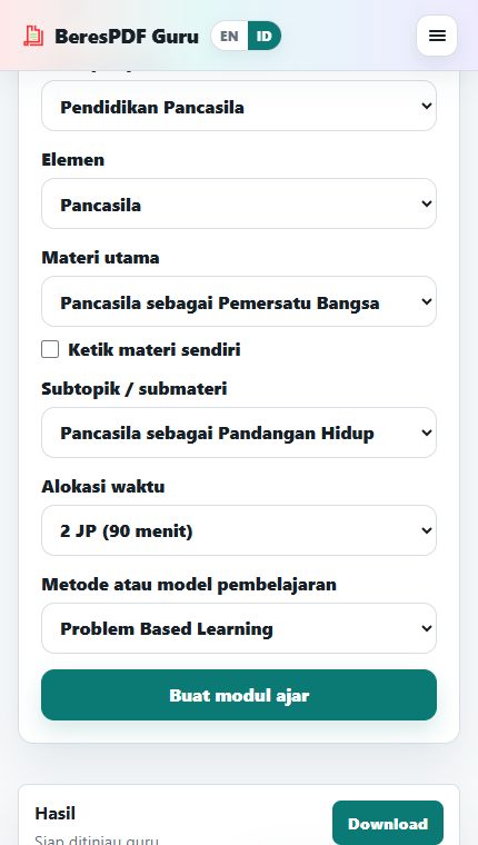 Menu download PDF dan DOCX pada hasil modul ajar